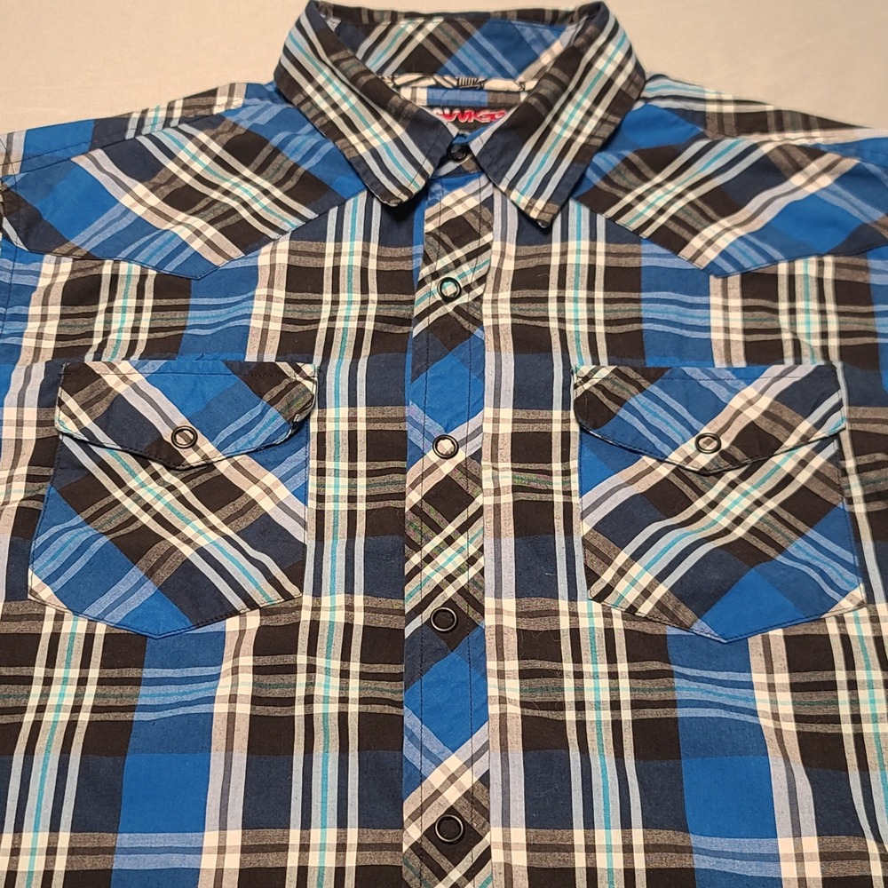 Tony Hawk Plaid‎ Western Shirt Mens Medium Blue Black Snap Front Skater Y2K Punk